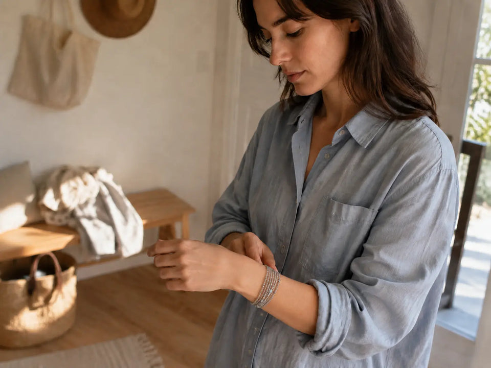 Young woman fastening a smoky grey multi-wrap bracelet at home in the morning.