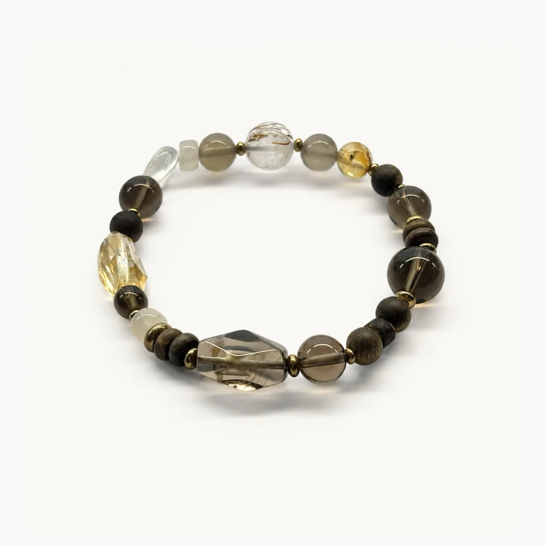 Strata Afterglow Bracelet with smoky quartz, moonstone, citrine, sandalwood, brass, and natural stone accents