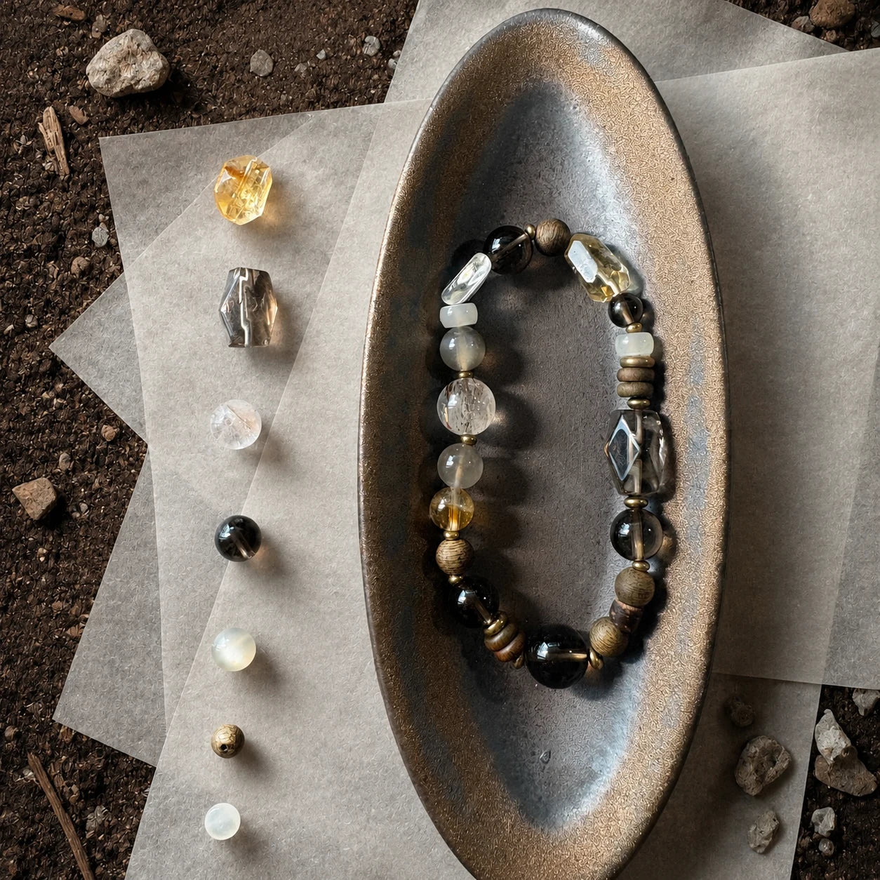 Strata Afterglow Bracelet styled on a dark ceramic dish with smoky quartz, moonstone, citrine, sandalwood, and brass details