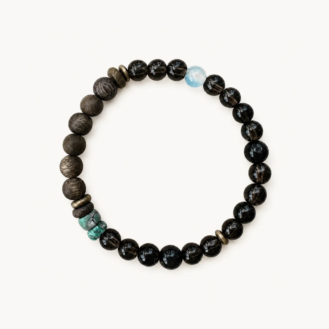 Strata Dusk Passage Bracelet with smoky quartz, sandalwood, turquoise, brass accents, and patterned chalcedony