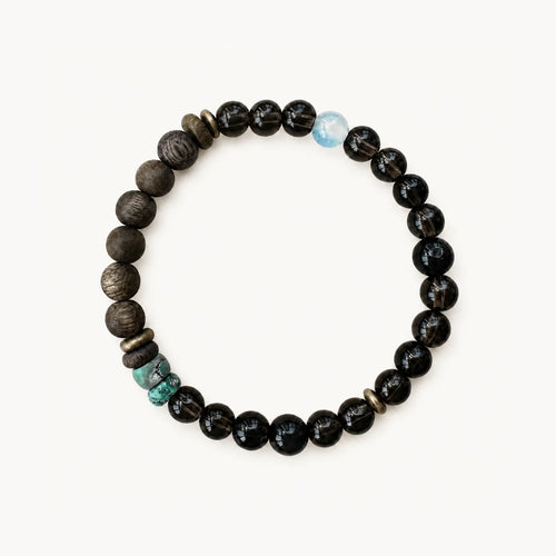 Strata Dusk Passage Bracelet with smoky quartz, sandalwood, turquoise, brass accents, and patterned chalcedony