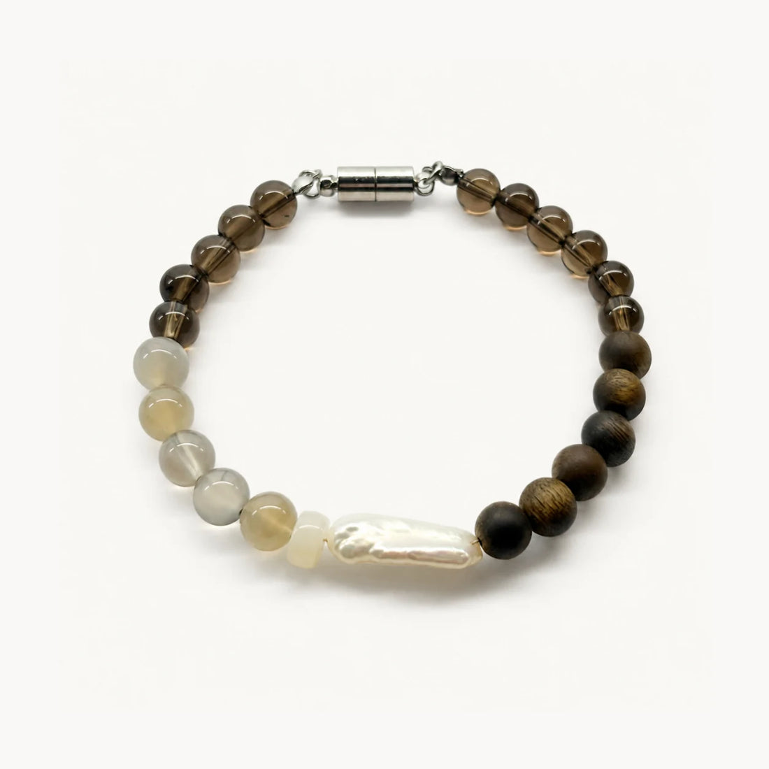 Strata Pale Drift Bracelet with smoky quartz, freshwater pearl, white moonstone, black moonstone, and agarwood