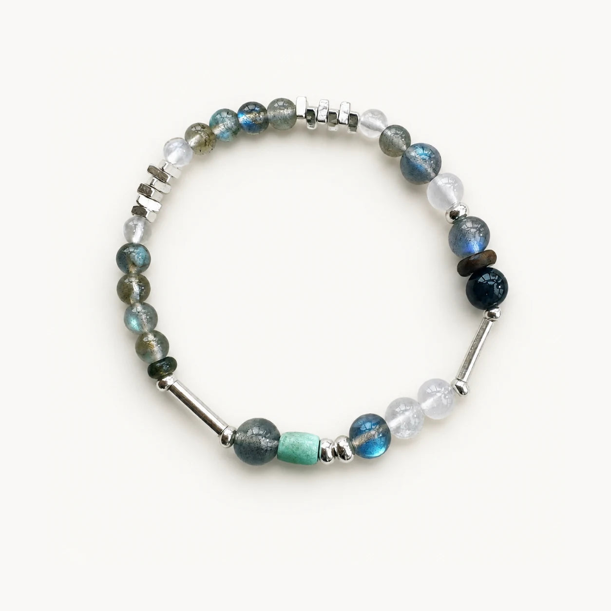Veiled Light Blue Hour Bracelet with blue and grey moonstone, turquoise, obsidian, sandalwood, and 925 sterling silver