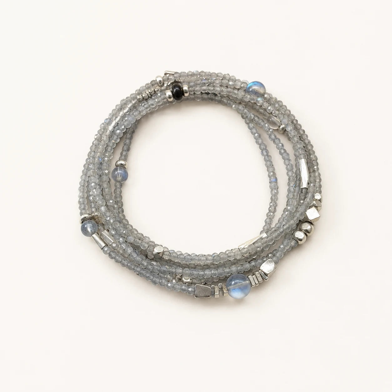 Veiled Light Moon Dust Bracelet with fine grey moonstone, blue moonstone accents, obsidian, and 925 sterling silver