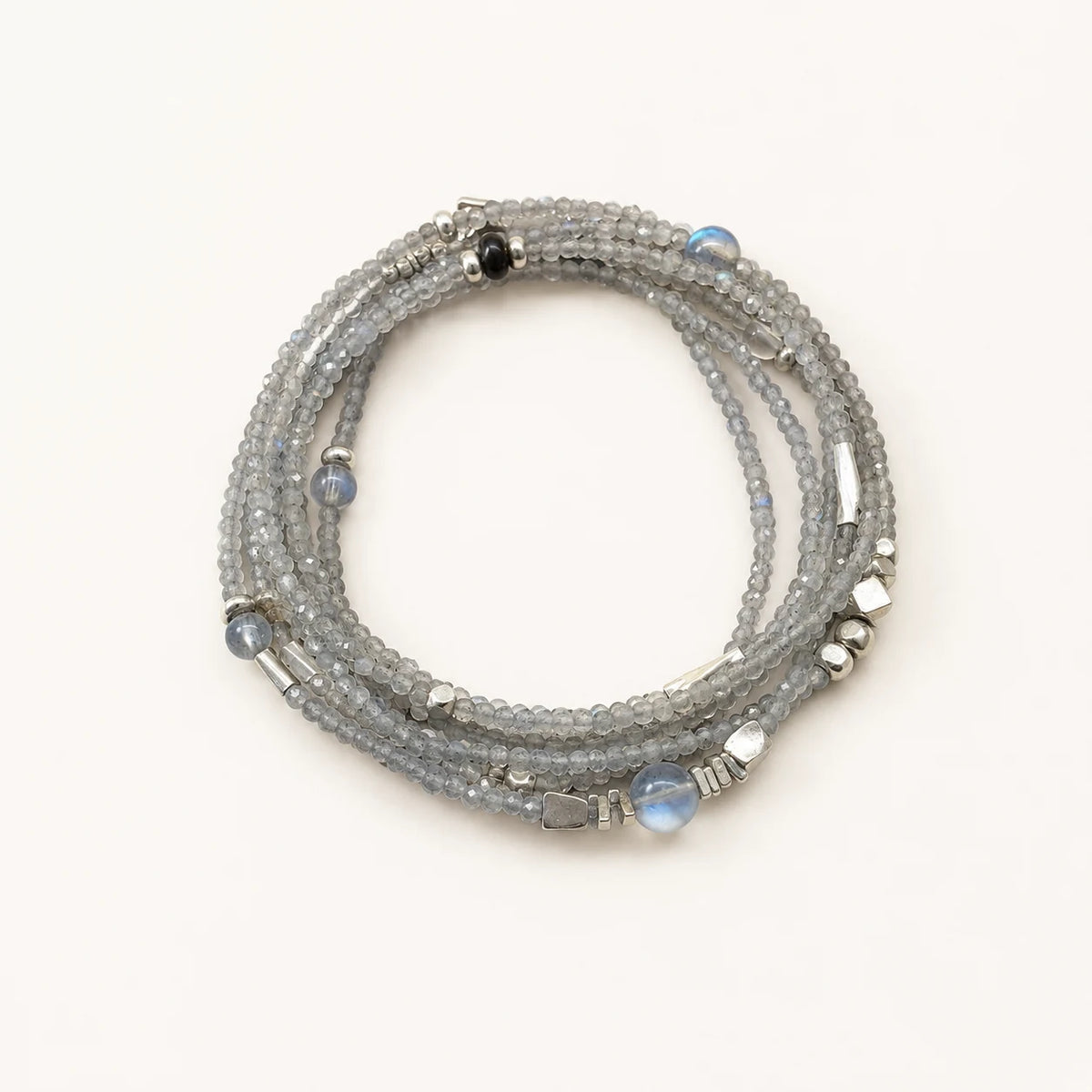 Veiled Light Moon Dust Bracelet with fine grey moonstone, blue moonstone accents, obsidian, and 925 sterling silver
