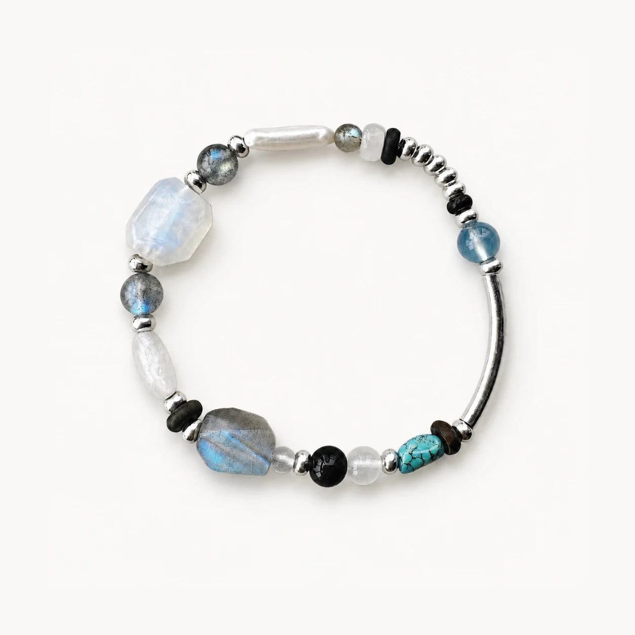 Veiled Light Prism Bracelet with moonstone, labradorite, freshwater pearl, aquamarine, and 925 sterling silver