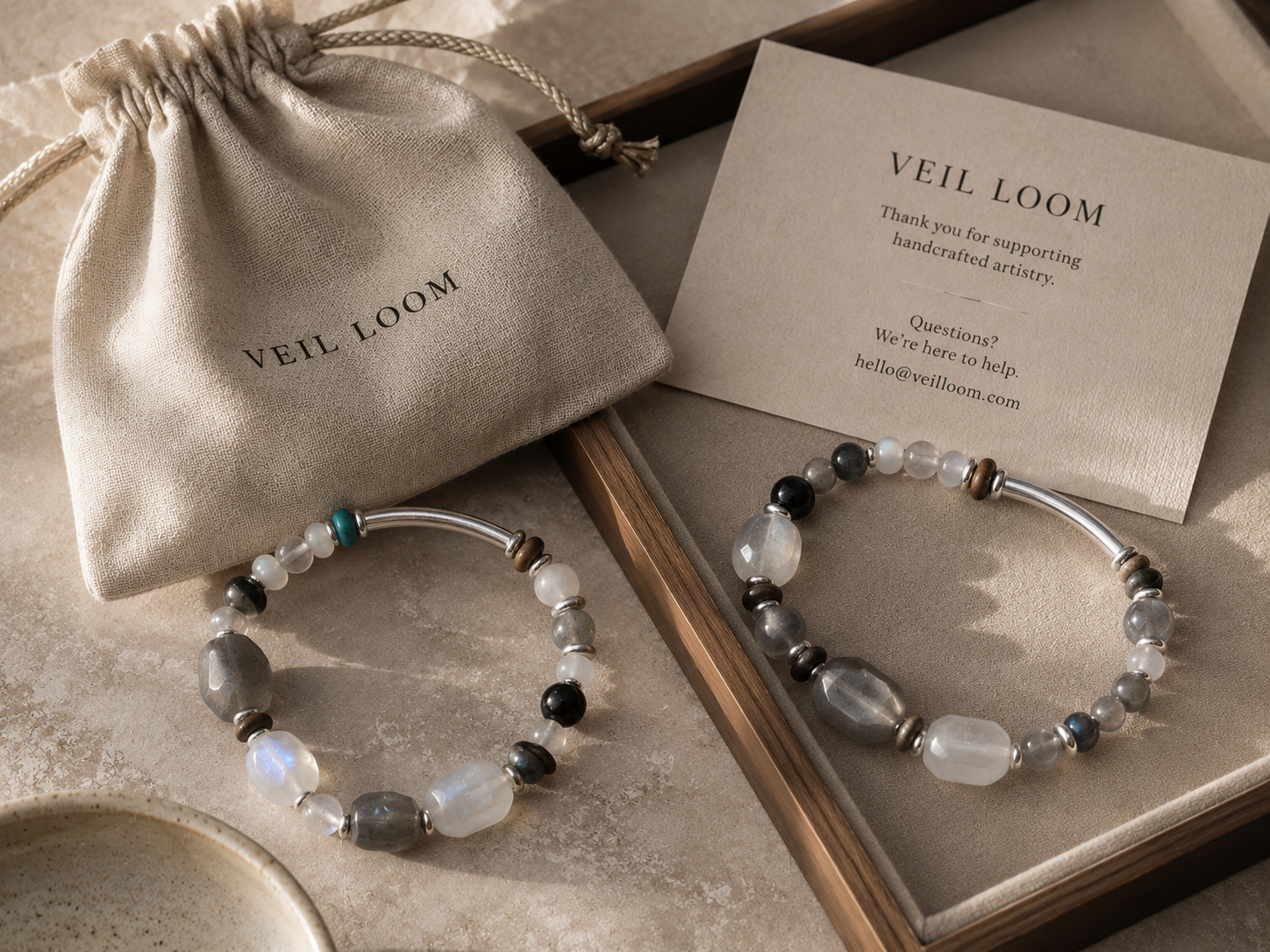 Veil Loom packaging and bracelet support materials