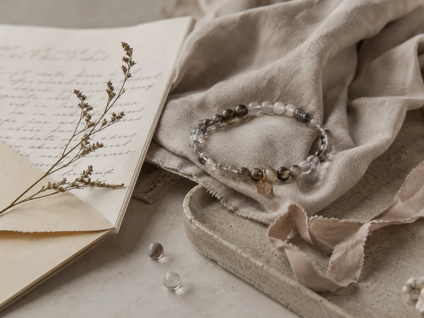 Veil Loom Journal featured note — crystal bracelet and quiet studio objects